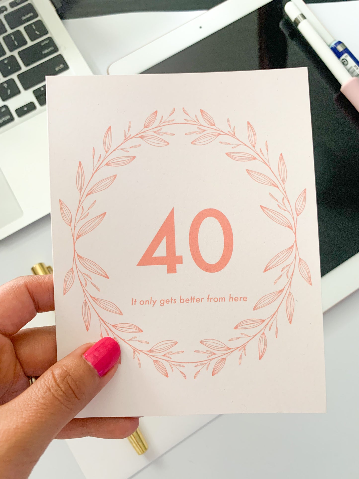 pink floral wreath 40th birthday card
