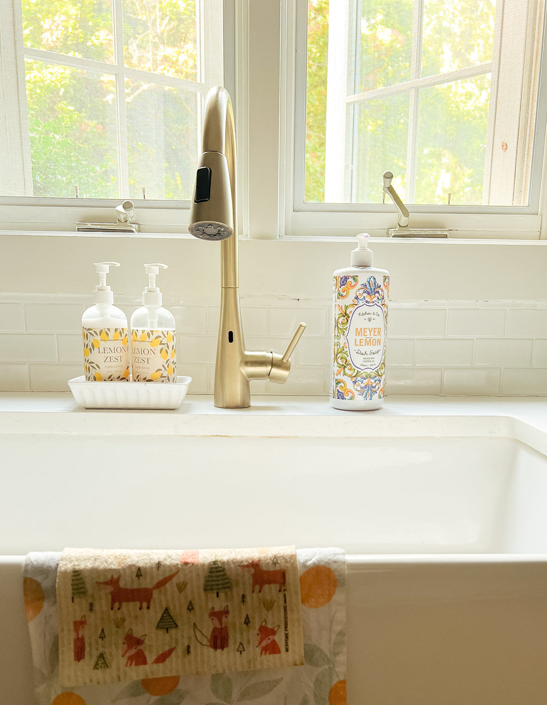 kitchen farmhouse sink with soap, kitchen towel and sunlight