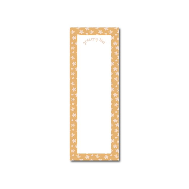 yellow long grocery list notepad with small flowers