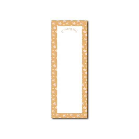 yellow long grocery list notepad with small flowers