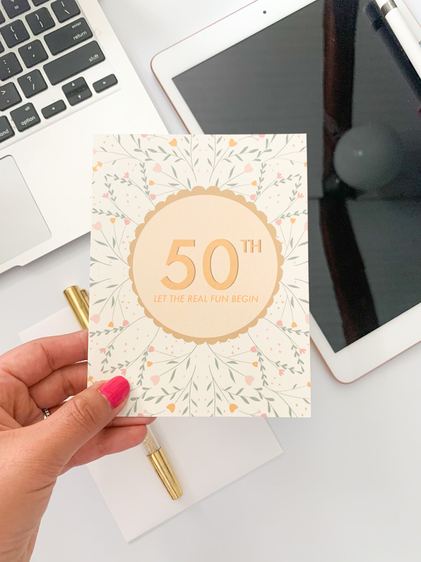 modern 50th birthday card with decorative flowers