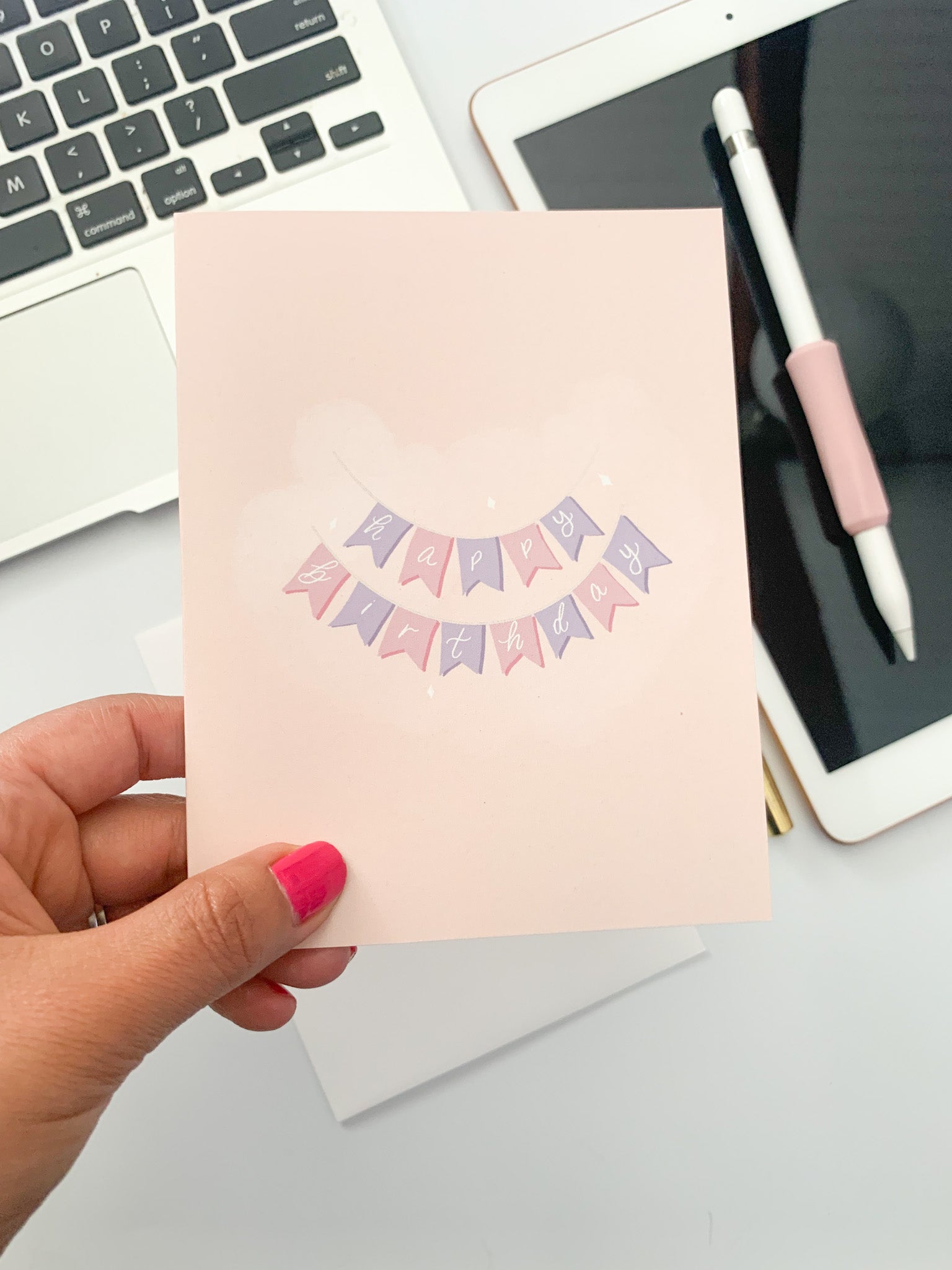 pink happy birthday card with banner
