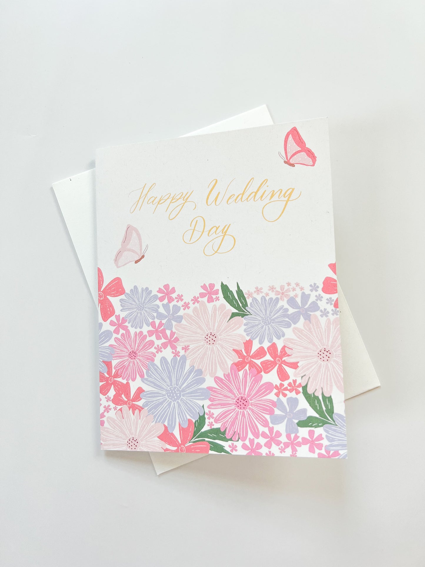 elegant wedding day card with flowers and butterflies