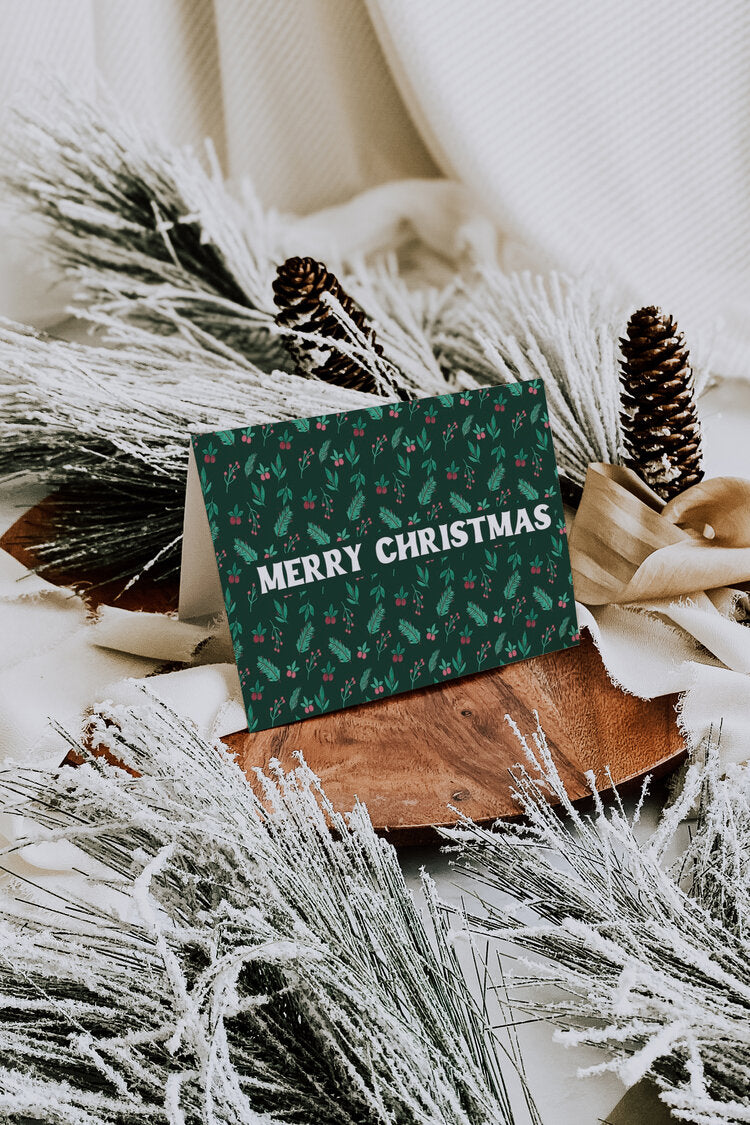 Green Watercolor Merry Christmas Greeting Card Box Set