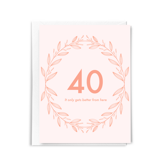 pink 40th birthday card with floral wreath