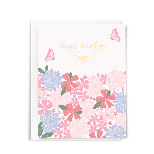 pink wedding card with flowers and butterflies